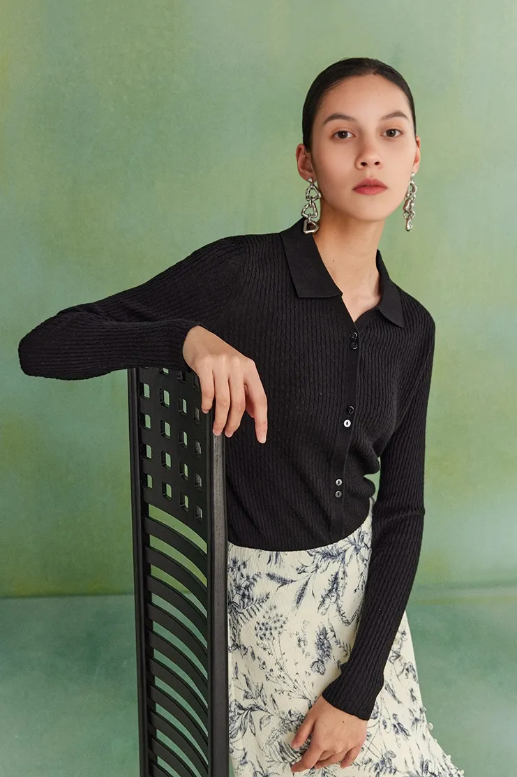 Wool Blend Open Front Long Sleeve Polo Cardigan