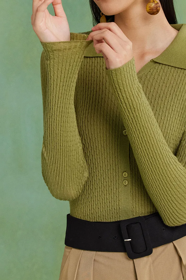 Wool Blend Open Front Long Sleeve Polo Cardigan