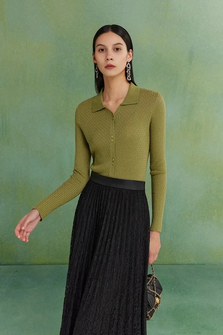 Wool Blend Open Front Long Sleeve Polo Cardigan