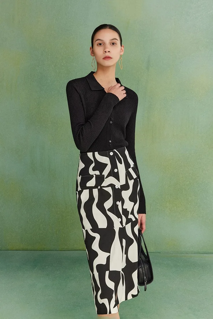 Wool Blend Open Front Long Sleeve Polo Cardigan