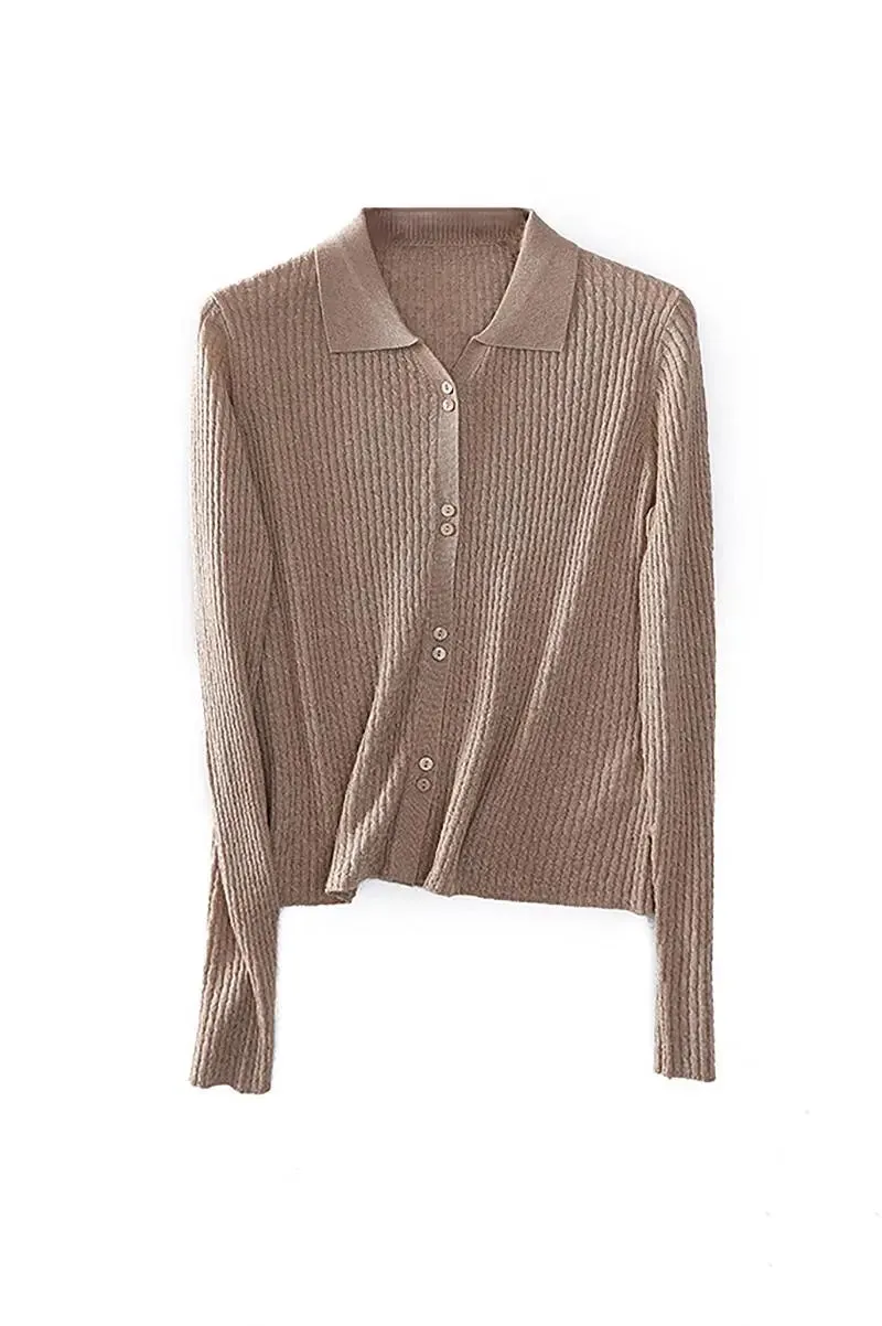 Wool Blend Open Front Long Sleeve Polo Cardigan