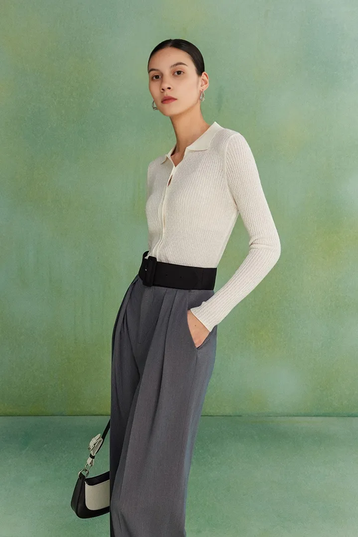 Wool Blend Open Front Long Sleeve Polo Cardigan