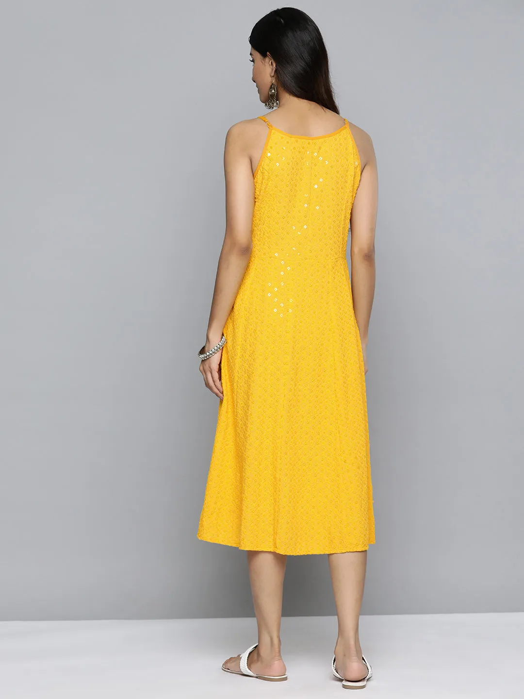 Yellow Floral Sequin Embroidered A-Line Midi Dress