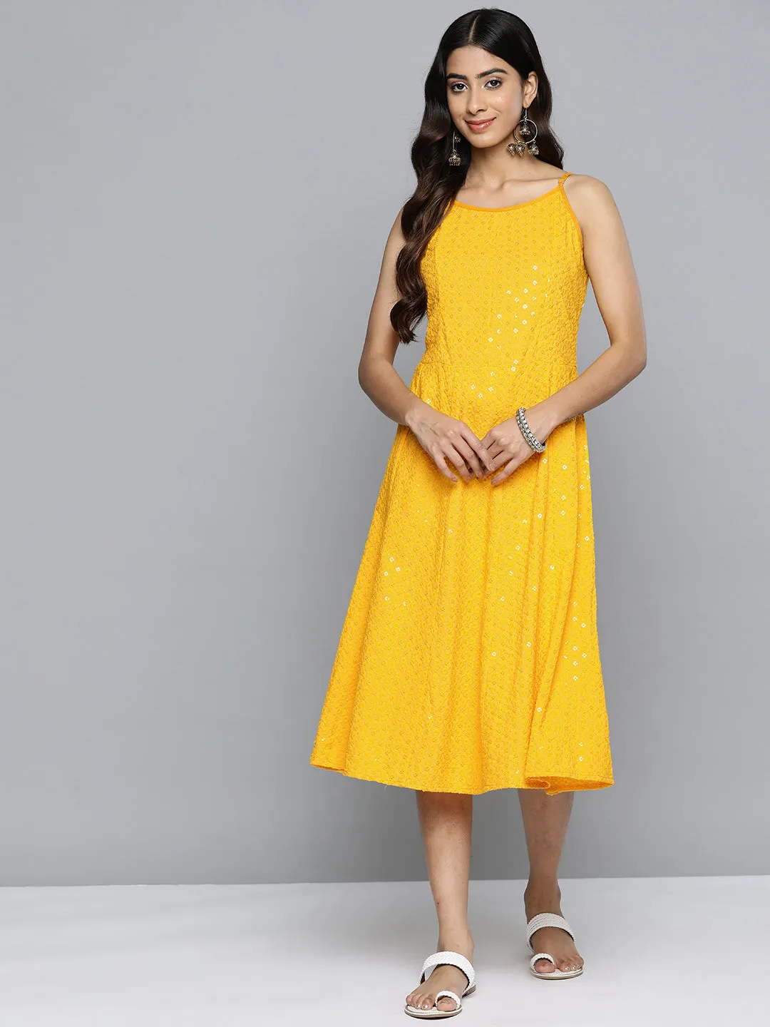 Yellow Floral Sequin Embroidered A-Line Midi Dress