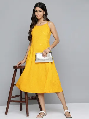 Yellow Floral Sequin Embroidered A-Line Midi Dress