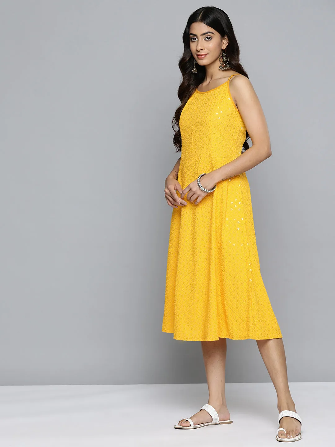 Yellow Floral Sequin Embroidered A-Line Midi Dress